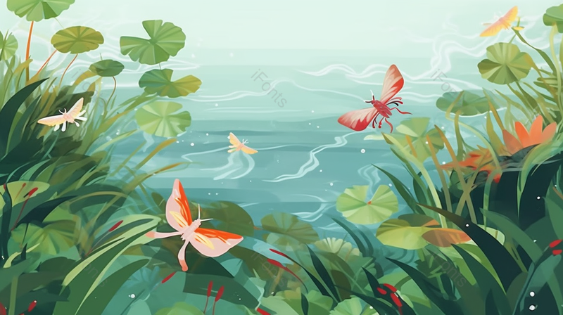 夏天的季节池塘里荷叶下鱼儿游动背景,插画/手绘图,插画/手绘图库,插画/手绘图下载,插画/手绘